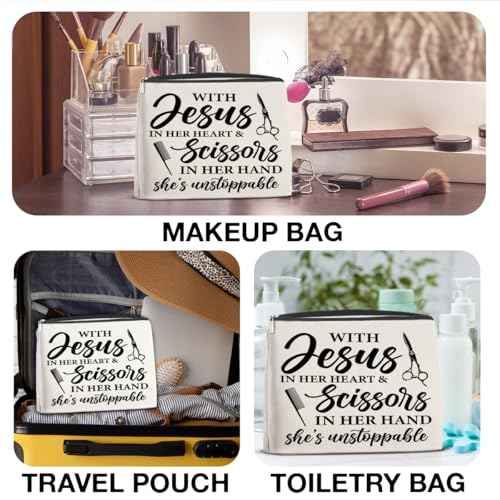 Hair Stylist Gifts for Women Cosmetic Bag - Hairstylist Gift Small Makeup Bag - with Jesus in Her Heart and Scissors in Her Hand Zipper Makeup Pouch (1Pcs)