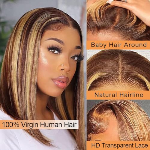 16 Inch Omber Bob Wig Human Hair 13x4 HD Transparent Lace Front Wigs 180 Density Straight 4/27 Highlight Wig Short Bob Wig Human Hair