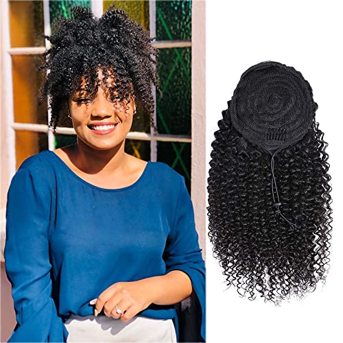 Curly Ponytail Extension for Black Women Real Human Hair Natural Drawstring Ponytails Hair Pieces African American Girls Curly Hair Extensions 16 Inch #1B Natural Black