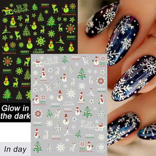 Christmas Luminous Nail Art Stickers, Fluorescent Nail Self-Adhesive Decals, Glow in The Dark Nail Art Design Snowflake Elk Christmas Nail Sticker Decoration for Women Manicure 3D Nail Decal£¨6Sheet