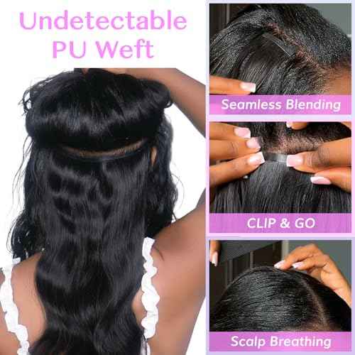 IDN BEAUTY Seamless Clip In Hair Extensions Human Hair, Body Wave 14 Inch 110g 7pcs Natural Black Real Virgin Human Hair Seamless Clip Ins For Black Women PU Weft Invisible Edge