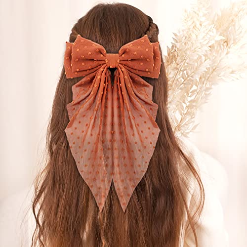 Big Bow Hair Accessories 2pcs - Long Tail French Red Beige Barrettes for Women and Girls, Soft Dress Up Decor for Birthday, Bachelorette Party, Christmas, Thanksgiving, Wedding