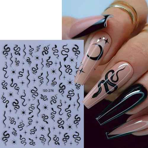 Snake Nail Sticker for Nail Art 3D Self-Adhesive Black Silver Gold Laser Snake Star Nail Decals Stars Designs Nail Art Stickers Charms for Women and Girls Daily DIY Nail Decoration