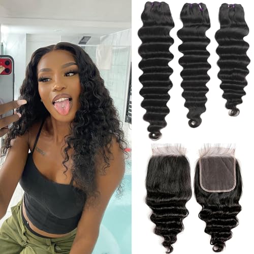 Loose Deep Wave Bundles with Closure 12 14 16+10 Inch 100% Unprocessed Virgin Brazilian Hair Bundles Wavy 3 Bundles and 4X4 HD Lace Closure Natural Color Hair Bundles with Closure