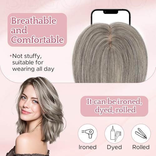 Hair Toppers for Women Real Human Hair with No Bangs 3.1¡¿3.9 Inch Silk Base Clip-In Topper Natural Looking Hairpieces for Women£¨8 Inch,Dark Grey£©