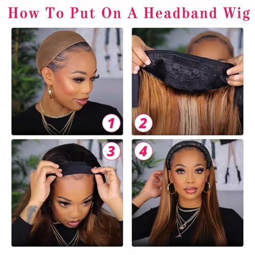 Ombre Headband Wig Human Hair Straight 22 Inch Glueless #2/30 Highlight Colored 150% Density Brazilian Virgin Straight Human Hair Headband Wigs for Black Women