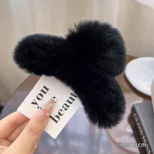 YOYLMAL Large Faux Fur Hair Claw Clip for Women, 5.1 Inches Winter Fluffy Fuzzy Hair Clips, Nonslip Strong Hold Furry Big Jaw Clamp for Thick Long Hair (Black)