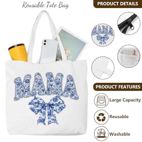 Wetern Bow Mom Gifts Canvas Tote Bag Makeup Bag, Western Gifts for Women Cowgirl Birthday Grocery Cosmetic Bags