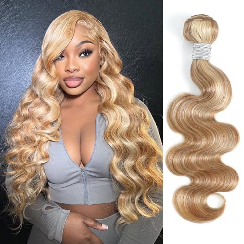 27/613 Blonde Highlight Bundle Human Hair Body Wave 22 Inch, 13A #F27/613 Highlight Blonde Human Hair Single Wavy Bundle Body Wave Soft Healthy 100% Unprocessed Virgin Hair Weave Extensions