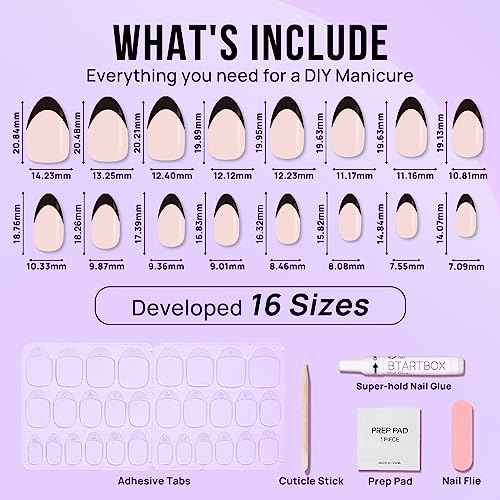 BTArtbox French Tip Press On Nails Almond - Black Press on Nails Short, Glue On Nails for Women Gift, Supremely Fit Natural Reusable Stick On Nails in 16 Sizes - 32 Fake Nails Kit, Black French