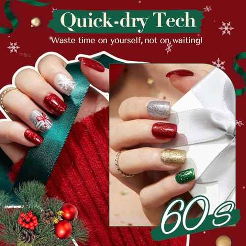 AZUREBEAUTY Nail Polish Set, 4 Colors Christmas Glitter Red Green Gold Silver Quick Dry Natural Fingernail Lacquer Strengthening Treatment Kit with Top Coat DIY Salon at Home