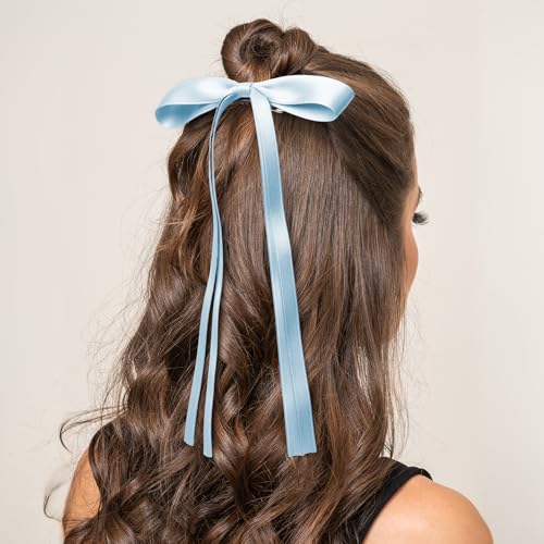 Hair Bows Clips Ribbon Bowknot with Long Tail 6 PCS,Coquette Bow Hair for Girls Sky Blue Hair Bows Barrettes Hair Accessories Cute Hair Accessories for Women and Teens