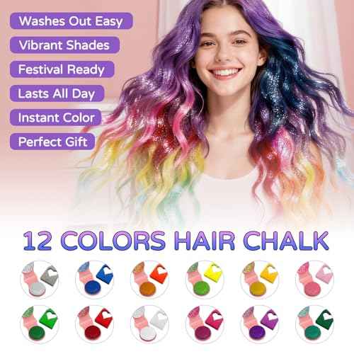 12 Color Glitter Hair Chalk with Shimmer Effect - Temporary Sparkle Hair Chalk for Adults & Kids | Safe, Long-Lasting, Non-Toxic & Washes Out Easily | for Concerts, Parties & Halloween