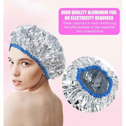 Heat Cap for Deep Conditioning, 4Pcs Hair Mask Heat Cap for Deep Conditioning Oil Treatment, Reusable & Elastic Aluminum Foil Hat Ideal for Coloring Perm, Steam Shower Spa Use