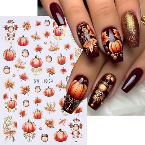Fall Nail Art Stickers, Autumn Pumpkin Nail Decals 3D Self-Adhesive Red Gold Maple Leaf Pumpkin Fall Sunflower Flower Nail Art Design Thanksgiving Nail Accessories for Women Girls(6 Sheets)