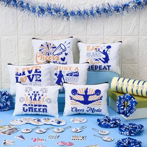 Lyrow 160 Pcs Cheerleader Gifts Bulk for Team Cheer Scrunchies Hair Ties Makeup Bag Cheer Mirror Bracelet Keychain Sticker for Back to School(Blue)