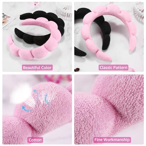 Spa Headbands for Washing Face or Facial, Set of 2 Skincare Headbands, Terry Cloth Headband Wash Combo Pack - Puffy Makeup Washing, Mask, Skin Treatment (Black & Pink)