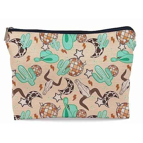 Retro Western Country Turquoise Cowboy Cowgirl Makeup Bag Bull Skull Cactus Disco Ball Makeupbags Cosmetic Bag Zipper Pouch Toiletry Bags,Gifts for Teen Girls Women Western Cowgirl