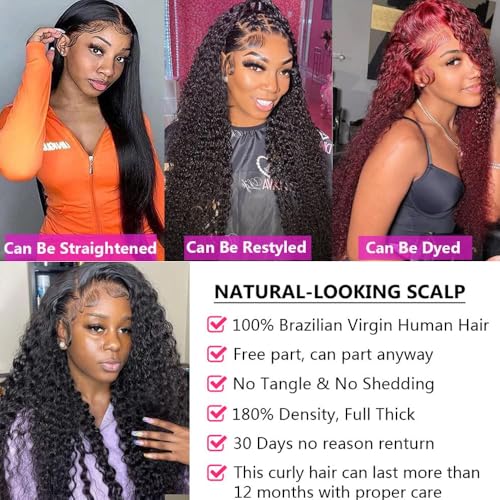 Manorshen 20Inch 13x6 Wet and Wavy Deep Wave Lace Frontal Wigs Brazilian Virgin Lace Front Deep Curly Wave Glueless Human Hair Pre Plucked Wig 180% Denisty With Baby Hair Natural Black