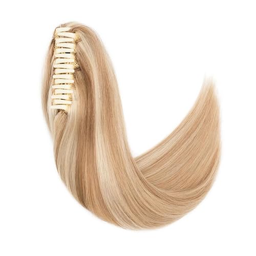 TESS Human Hair Claw Clip Ponytail Extension Real Remy Hair long ponytail extension for Women Straight, 16 Inch, Flax Yellow Mixed Light Gold