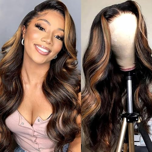 13x6 Ombre Lace Front Wig Human Hair 1B/30 Highlight 180% Density Body Wave Brazilian Virgin Human Hair Wigs for Women Pre Plucked with Baby Hair 20Inch