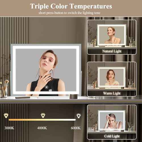 Vanity Mirror with Lights, 15"¡¿ 11" LED Makeup Mirror, Lighted Makeup Mirror with Lights, Smart Touch Control Dimmable 3 Modes Light 360¡ÆRotation White
