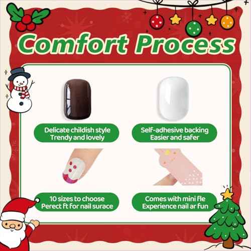 144Pcs Kids Press on Nails - Children Girls Short Artificial Fake Nails, No Fading Stable Cute Pre-Glue Full Cover Acrylic Tip Kit, Gift for Kids Decoration (Christmas Style)