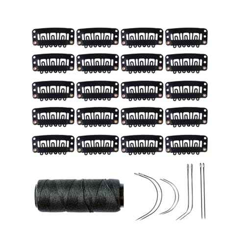 YANTAISIYU 20 Pieces 32mm U Shape Wig Clips Hairpieces Snap Clips for Hair Extensions Making Wig Accessories Set with Needle and Thread Tools (Black)