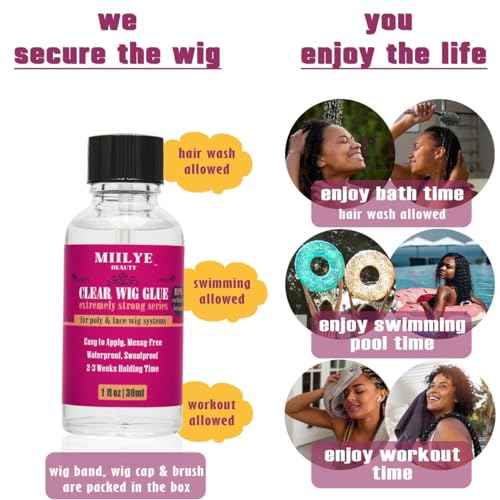 Clear Wig Bond Glue 1oz/30ml With Band, Caps |Swimming Allowed| Waterproof for Front Lace, Extremely Strong Hold, Install Kits (1oz Glue+1oz Remover)
