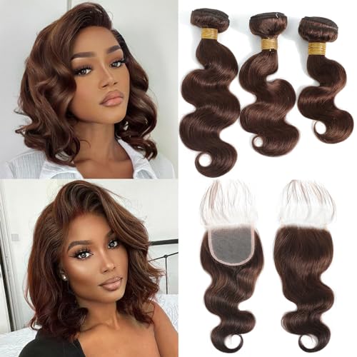 Kapelli Hair Brazilian Body Wave Bundles with Closure (12 14 16+12) 10A Light Brown Body Wave Human Hair Bundles with Lace Closure Brazilian Virgin Hair 3 Bundles with Lace Closure with Baby Hair