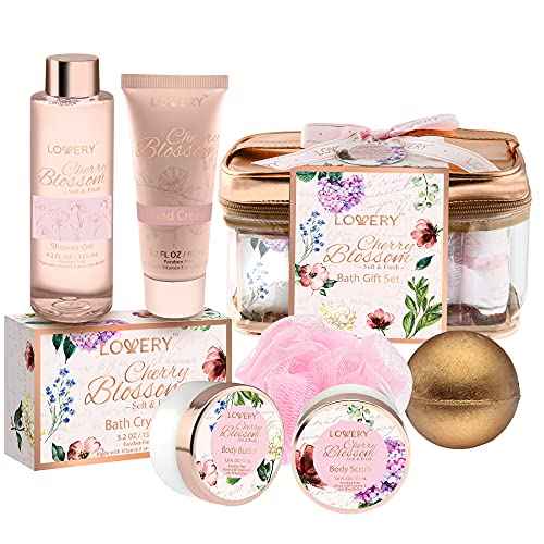 Bath and Body Gift Basket For Women, Cherry Blossom Home Spa Set, Body Lotion, Shower Gel, Extra Large Bath Bomb, Body Butter, Body Scrub, Bath Crystal, Puff & Rose Gold Cosmetic Bag