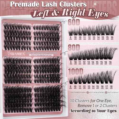 Yawamica Cat Eye Lash Clusters Fluffier Cluster Eyelash Extensions Wispy Individual Lashes Premade Eyelash Clusters Left Right Cluster Lashes 60D 80D 100D Volume 300pcs Eye Lashes Clusters DIY Lash