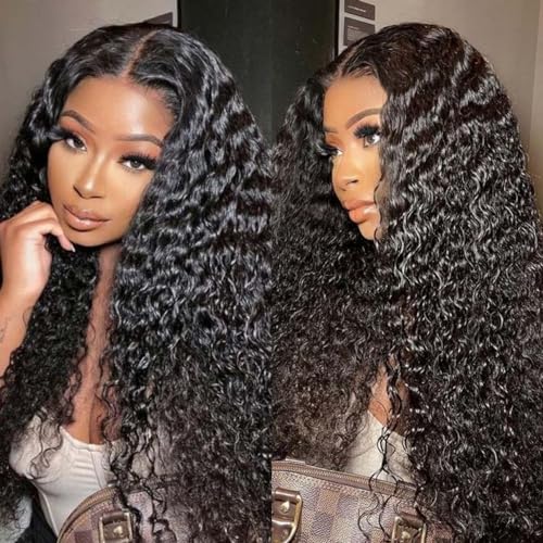 LICHANG Deep Wave Lace Front Wigs Human Hair 4x4 Transparent Lace Closure Wet and Wavy Wigs for Black Women Pre Plucked Human Hair Wig with 180% Density Nature Color 24 Inch