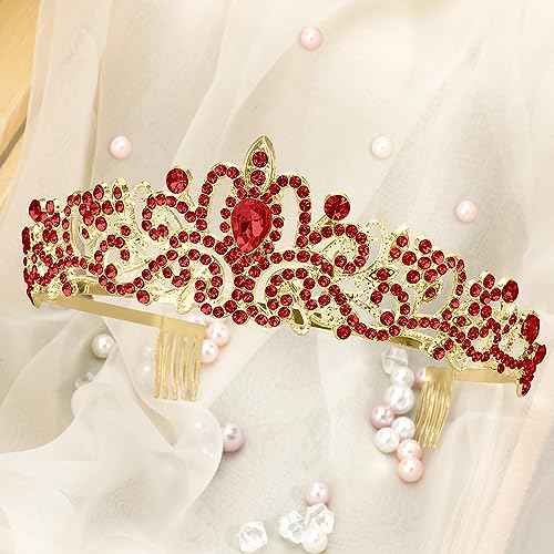 Red Crown Crystal Tiaras for Women Rhinestone Headbands for Girl Happy Birthday Princess Goddess Crown with Combs Elegant Headdress Decorations Bridal Wedding Prom Party Costumes Gift