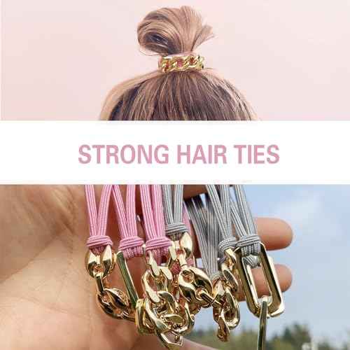 Bracelet Hair Ties Ponytail Holders, Gold Chain Link on Pink cord, Handmade Hair Elastic for Women Gray