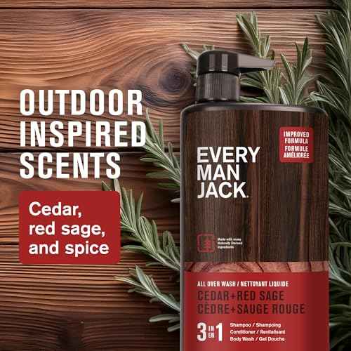 Every Man Jack Cedar + Red Sage Hydrating Mens 3-in-1 All Over Wash for All Skin and Hair Types - Body Wash, Shampoo and Conditioner with Naturally Derived Ingredients - 28.8oz (2 Pack)