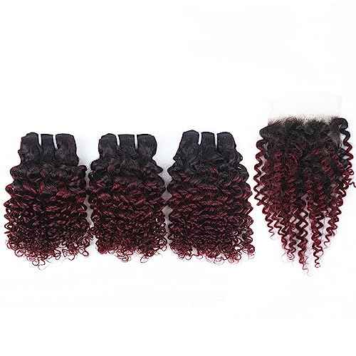1b/99j Curly Human Hair Bundles and Closure(10 10 10+10) Kinky Curly Bundles Human Hair Brazilian Virgin Ombre 99j Burgundy Red Human Hair 3 Bundles with 4x4 Closure 50 Gram/Bundle
