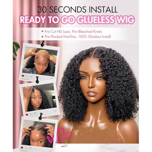 larima Glueless Wigs Human Hair Pre Plucked Pre Cut 6X5 HD Lace Short Curly Bob Wig Pre Bleach Knots Wear And Go Glueless Wig 200% Density Curly Human Hair Wig 100% Unprocessed Virgin Hair 14inch
