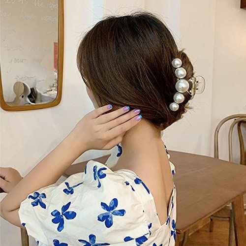 Large Pearl Hair Claw Clips for Strong Hold - Nonslip Champagne Color Hair Jaw Clips for Thick/Thin Hair, Daily Fashion, Birthdays, Weddings - Women's Hair Clip Accessories