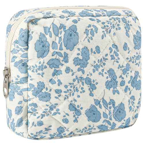 ZLFSRQ Small Quilted Makeup Bag for Purse Mini Flower Quilted Pouch Cute Cotton Makeup Bag with Compartments Aesthetic Cosmetic Bags for Women Coquette Zipper Lipstick Pouch Travel Essentials