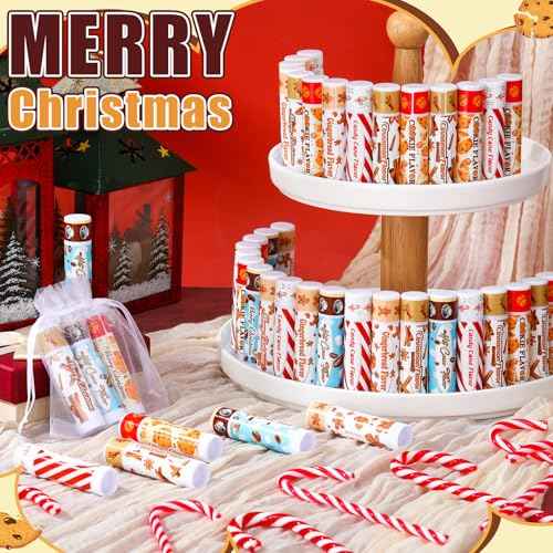 100pcs Christmas Peppermint Flavor Lip Balms Gift Bulk Candy Gingebread Hot Cocoa Cookie Cinnamon Flavor Lip Balm Favor Christmas Party Gift Stocking Stuffer for Coworker Staff Employee (Cute)