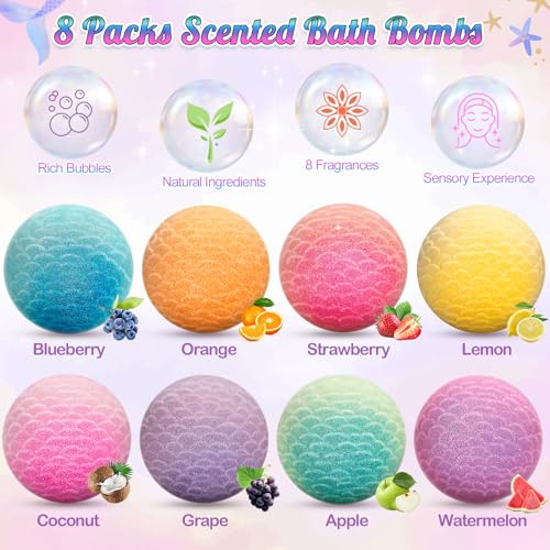8 Packs Mermaid Bath Bombs for Kids Girls, Bubble Bath Bomb Kit with Surprise Toys Inside, Bath Toys for Kids Aged 4-8, Ideal Birthday Christmas Gifts Stocking Stuffers for Girls 3 4 5 6