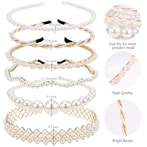 CUBACO 6 PCS Pearl Headband for Women White Headbands for Girl Jeweled Head Bands for Thin Thick Hair Fashion Rhinestone Hairband Bridal Beaded Headpiece Non Slip Hair Accessories for Party Wedding