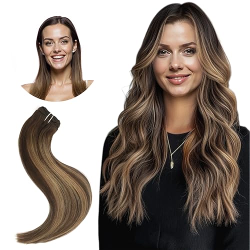 18 Inch Invisible Clip in Real Human Hair Extensions,Balayage Chocolate Brown to Caramel Blonde,85 Gram 7 Pieces With 16 Clips,Remy Thick Straight Hair, No Slip, No Shedding