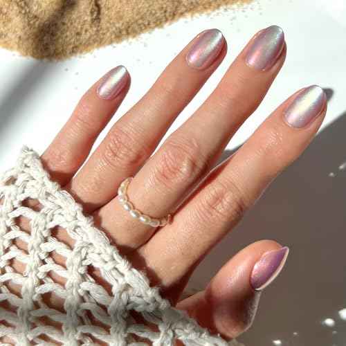 Glamnetic Press On Nails - Oyster | Short Oval Cat Eye Fake Nails with a Velvet Pearlescent Finish, Salon Quality Summer Nails | 15 Sizes - 30 Nail Kit with Glue