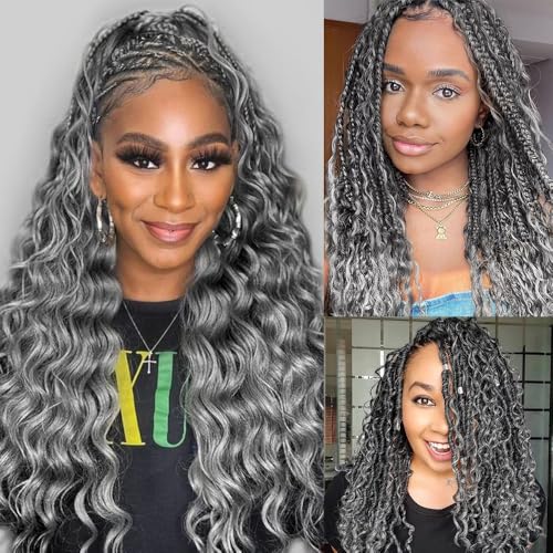 KRN Grey Deep Wave Bulk Human Braiding Hair 2 Bundles/Pack 100g Curly for Boho Braids 12A Salt And Pepper No Weft Wet and Wavy Gray 18Inch