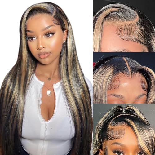 26 inch Black and Blonde Human Hair Wig Pre Plucked with Baby Hair 13x4 Highlight Wig Human Hair Balayage Lace Front Wigs Human Hair 200% Density for Women
