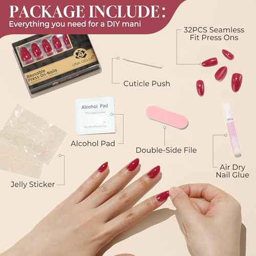 UNA GELLA Red Press On Nails Almond: Fall Halloween Soft Gel Press Ons with Nail Glue, 16 Sizes - 32 Reusable Short Fake Nails Kit, Christmas Mani Gift