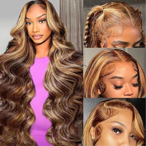 250% Density Honey Blonde Lace Front Wigs Human Hair Highlight Lace Front Wig Human Hair 13x6 Lace Front Wigs Ombre Body Wave Lace frente pelucas pelo humano (Glueless 13X6 Highlight, 24 Inch)