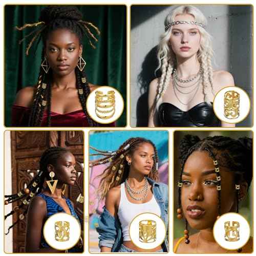 Ouligay 100Pcs Gold Hair Rings Charms for Braids Gold Hair Jewelry Adjustable Hairs Clips Braid Cuffs Accessories Decorations for Braids Locs Dreadlock Women Men Festival Pirate Decorations